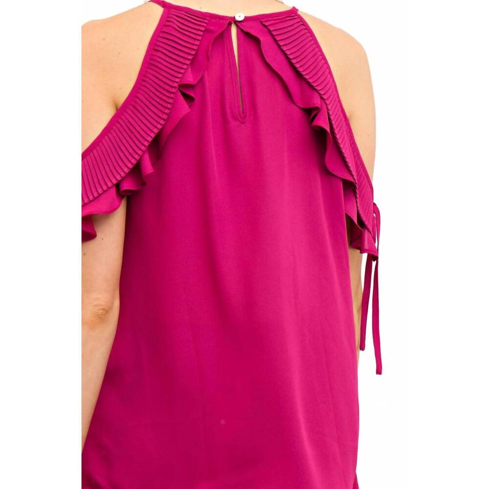 NEW ENTRO cute open shoulder ruffle top in berry - Picture 3 of 5